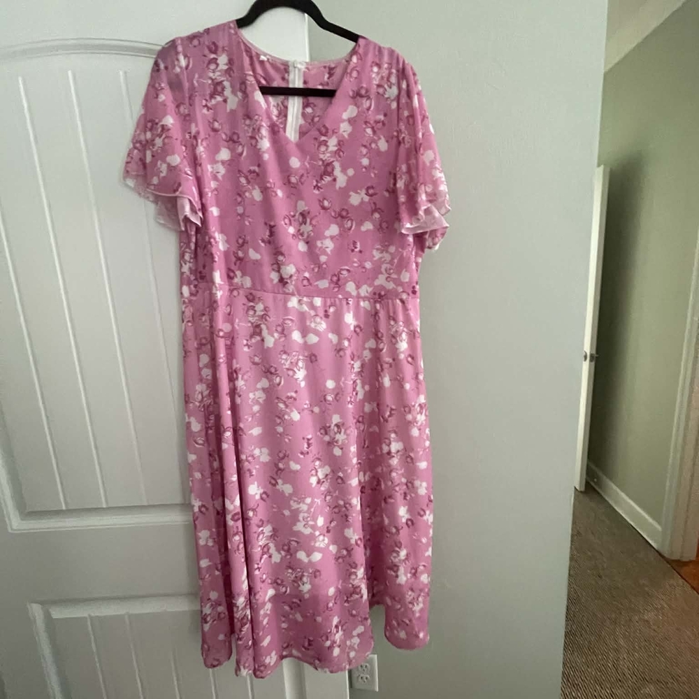 Amazon Pink Floral V-Neck Midi Dress